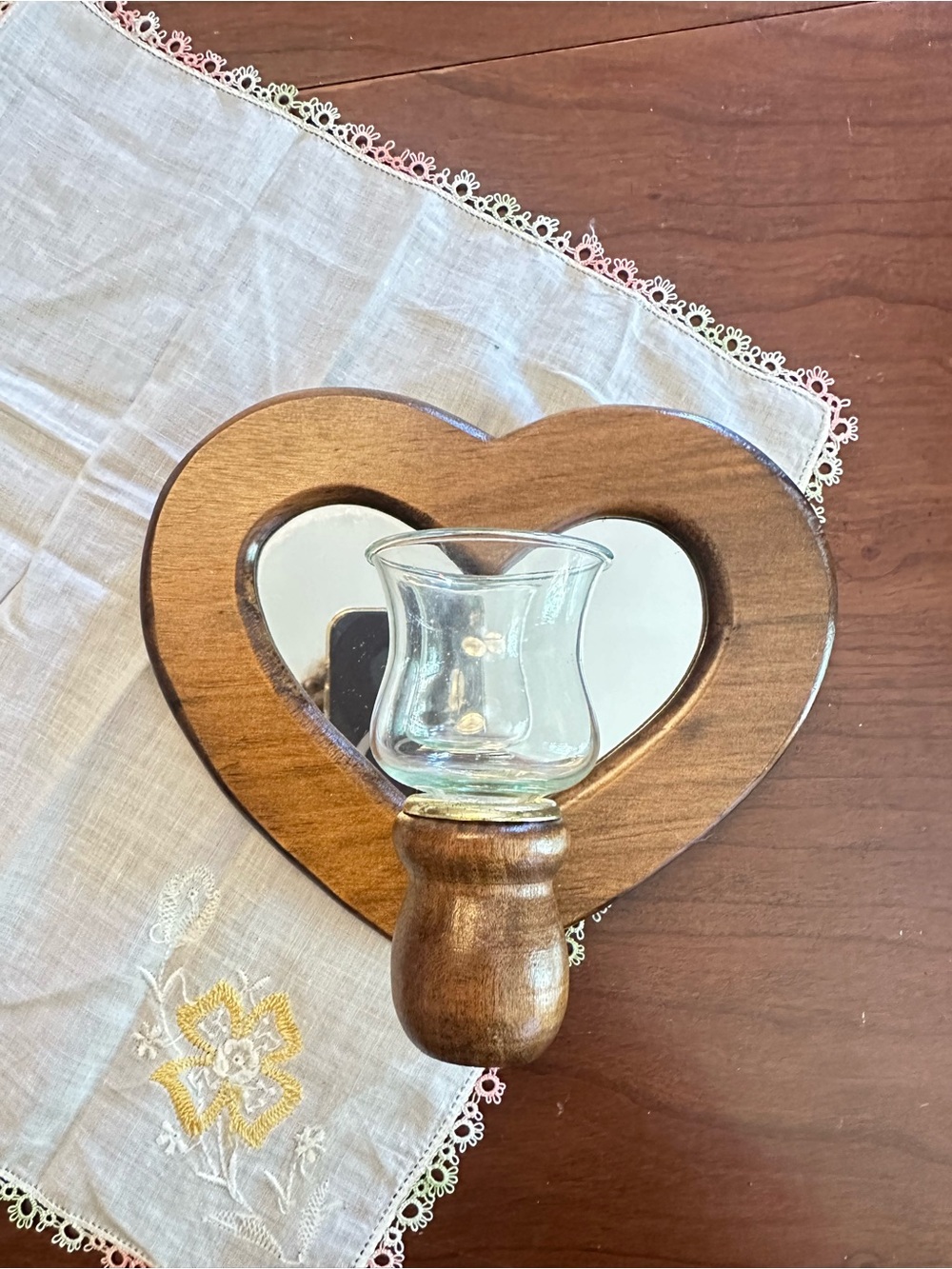 Rustic Heart Wall Sconce Mirror Wood Candle Holder Cottage Decor